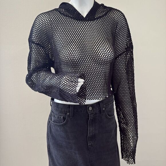 Basic Pleasure Mode Cropped Fishnet Hoodie in Black PacSun Urban Outfitters - Picture 4 of 9
